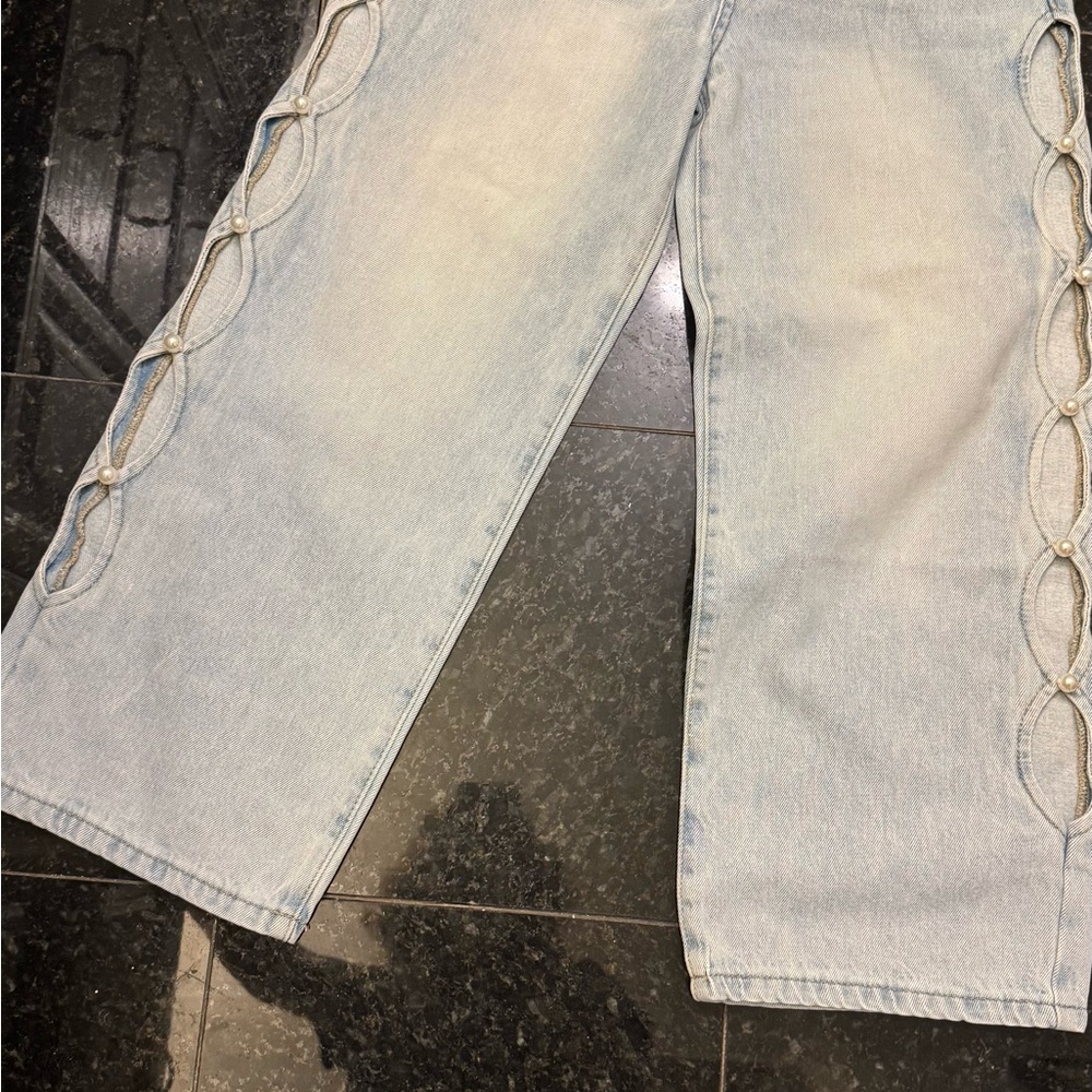 DRIFTWOOD Blue Flare Wide Leg Jeans with Unique Cutout Design
